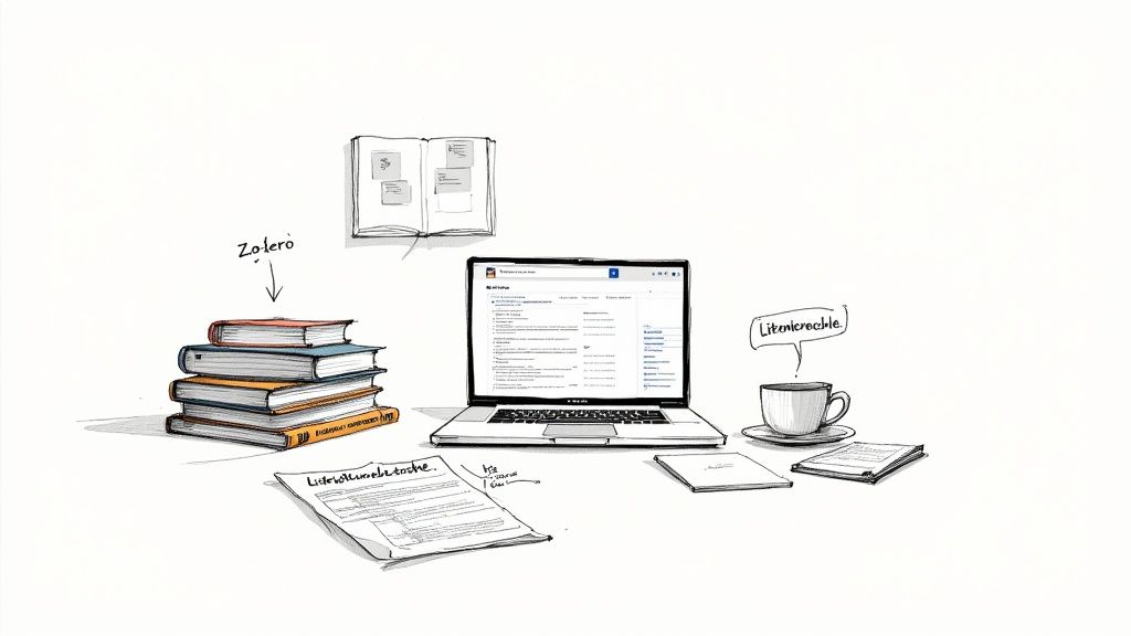 Illustration eines Arbeitsplatzes mit Büchern, Laptop, Notizen und Kaffee, ideal für wissenschaftliches Arbeiten.