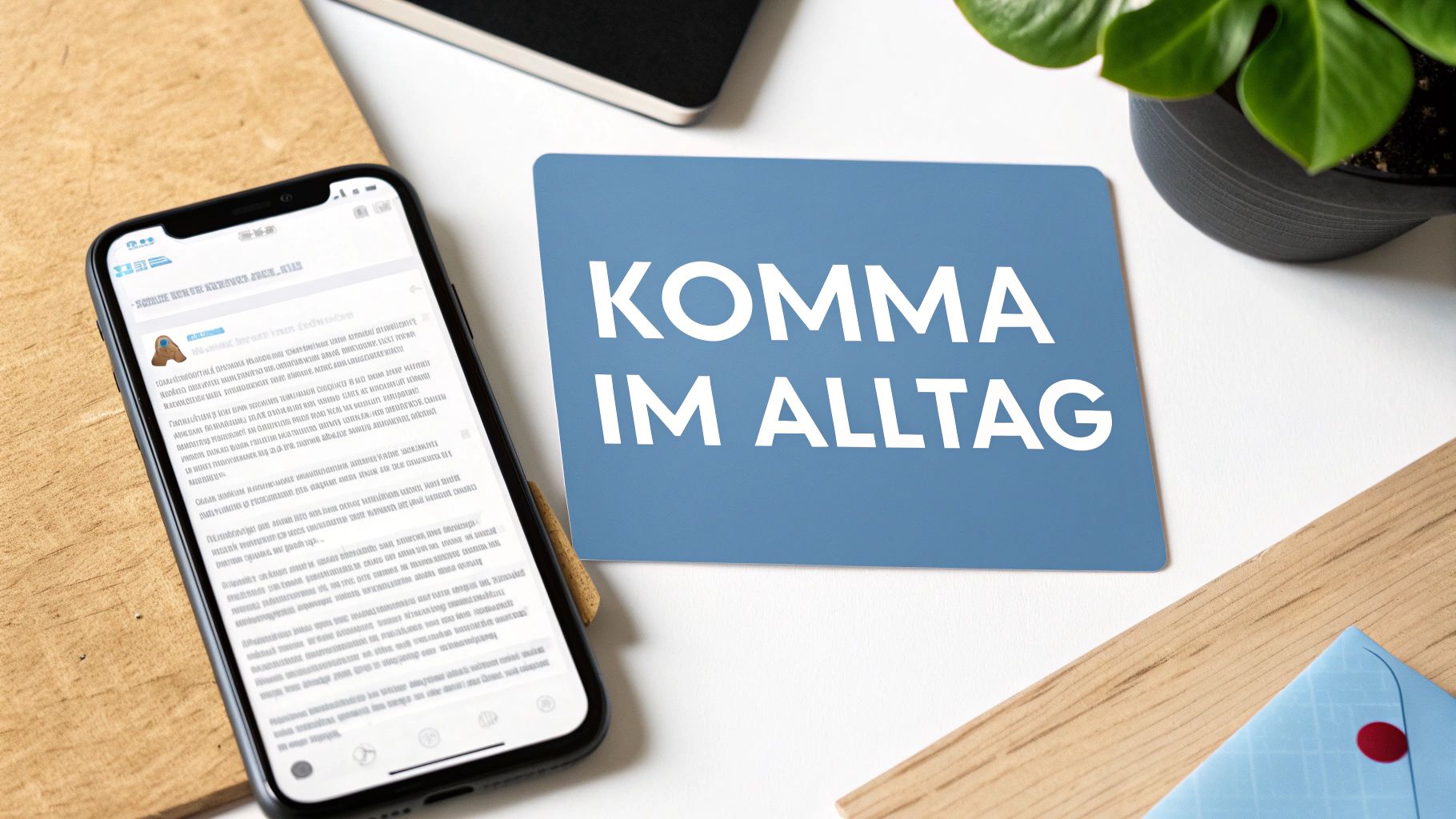 Smartphone zeigt deutschen Text und blaue Karte mit „KOMMA IM ALLTAG“ auf weißem Schreibtisch. Eine Pflanze ist ebenfalls zu sehen.