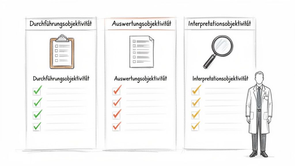 Drei Säulen der Objektivität: Durchführung, Auswertung und Interpretation, visuell dargestellt mit Checklisten und Icons.