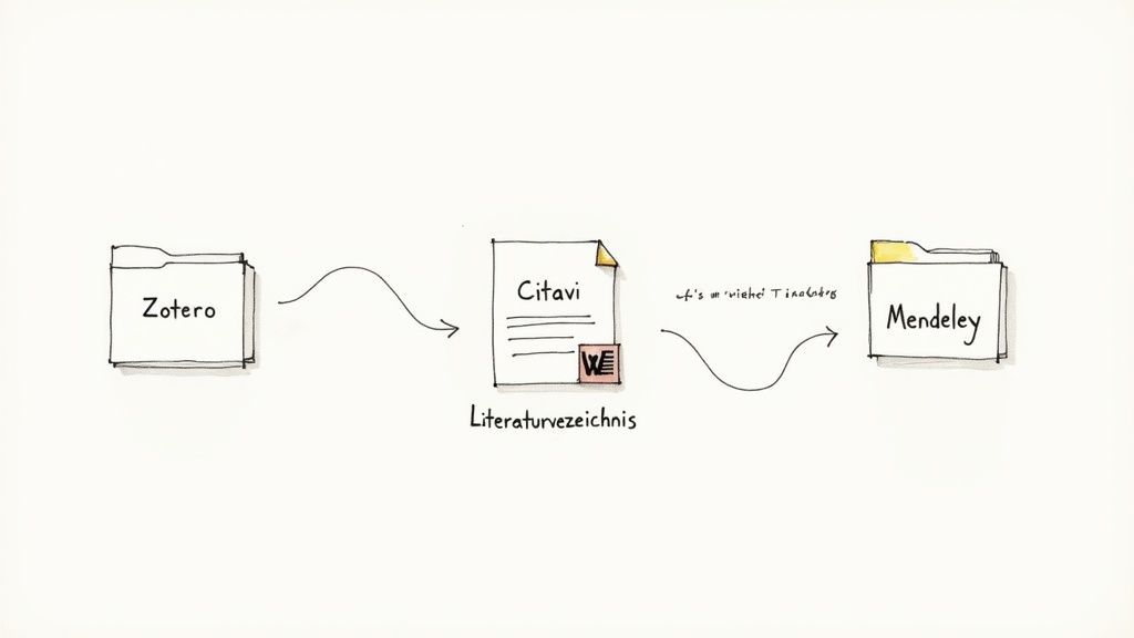 Flussdiagramm zur Migration von Literaturverweisen zwischen Zotero, Citavi und Mendeley.
