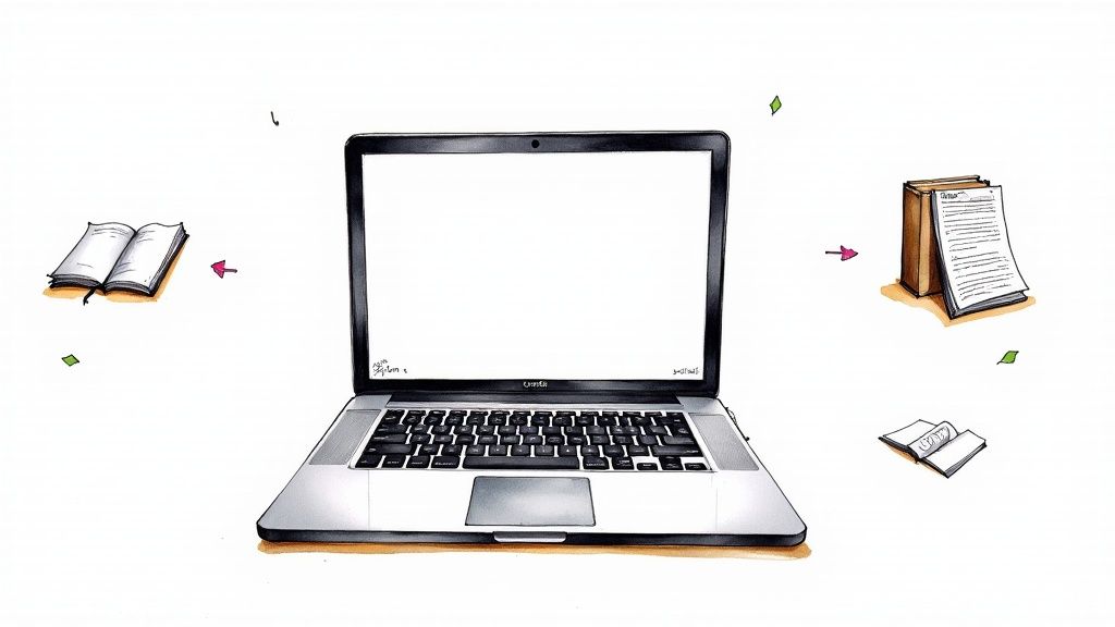 Laptop mit leerem Bildschirm umgeben von geöffneten Büchern und Dokumenten für digitales Schreiben