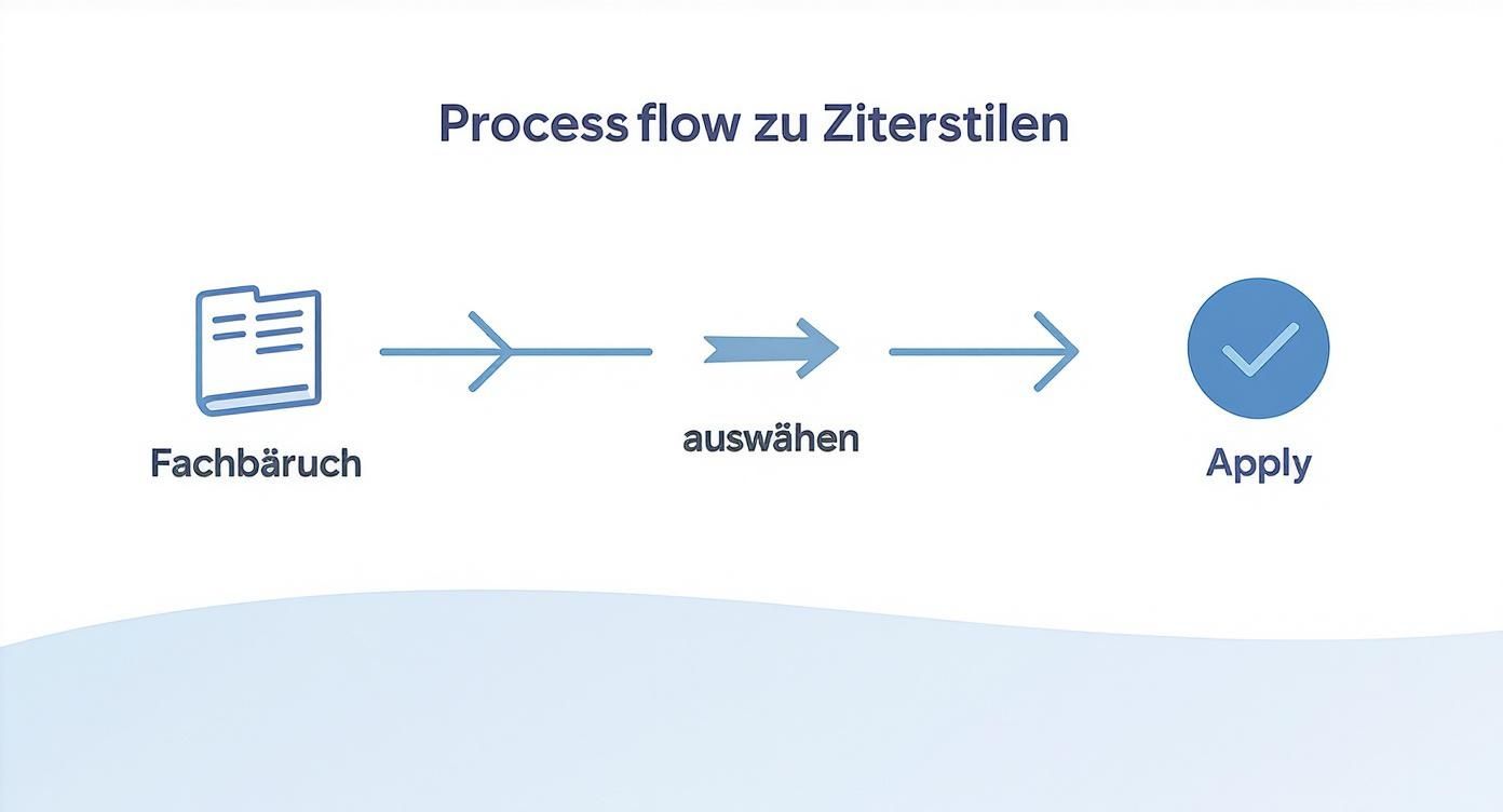 Ein Ablaufdiagramm illustriert den Prozess zur Anwendung von Zitierstilen: von Fachbüchern über Auswahl bis zum Anwenden.