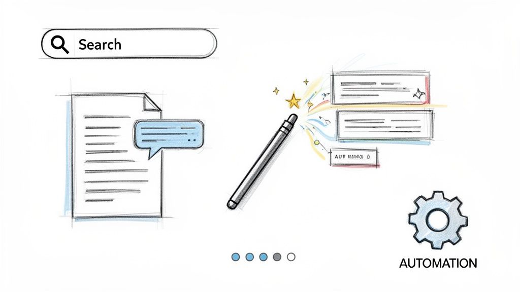 Eine Illustration zeigt eine Suchleiste, ein Dokument, einen Zauberstab, der Inhalte generiert, und ein Zahnrad für Automation.