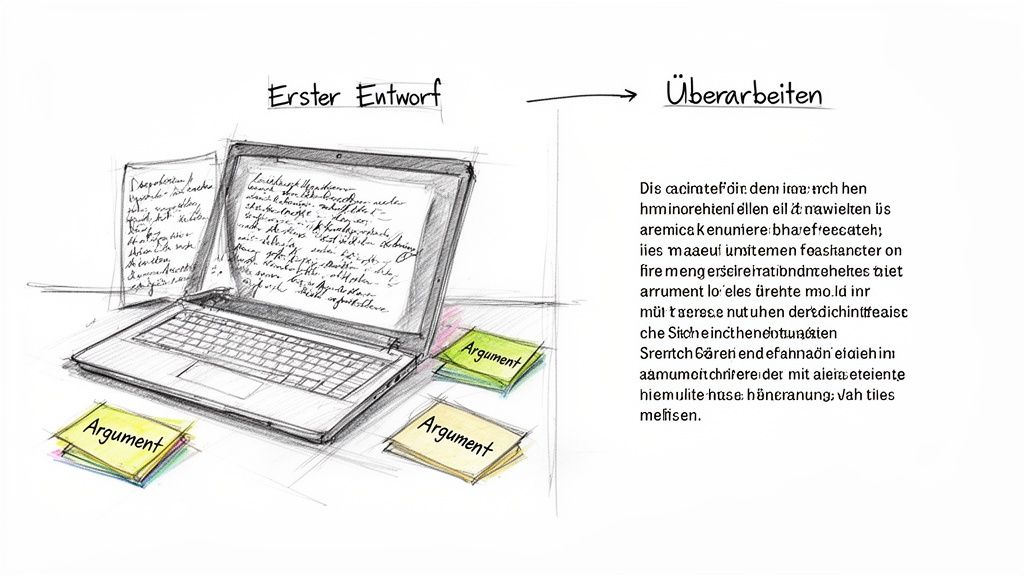 Illustration des Schreibprozesses: vom ersten Entwurf mit Laptop und Argument-Notizen zur Überarbeitung.