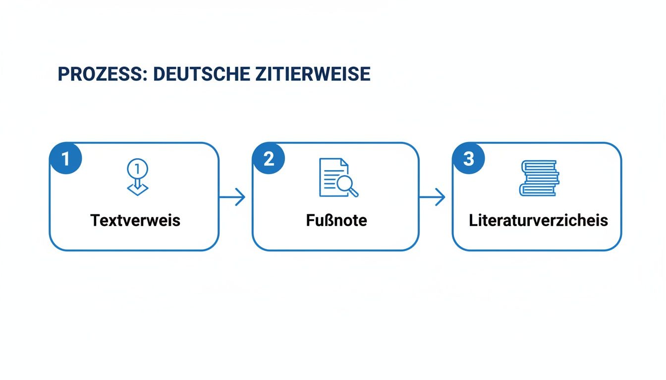 Ein Diagramm zeigt den Prozess der deutschen Zitierweise mit den Schritten Textverweis, Fußnote und Literaturverzeichnis.
