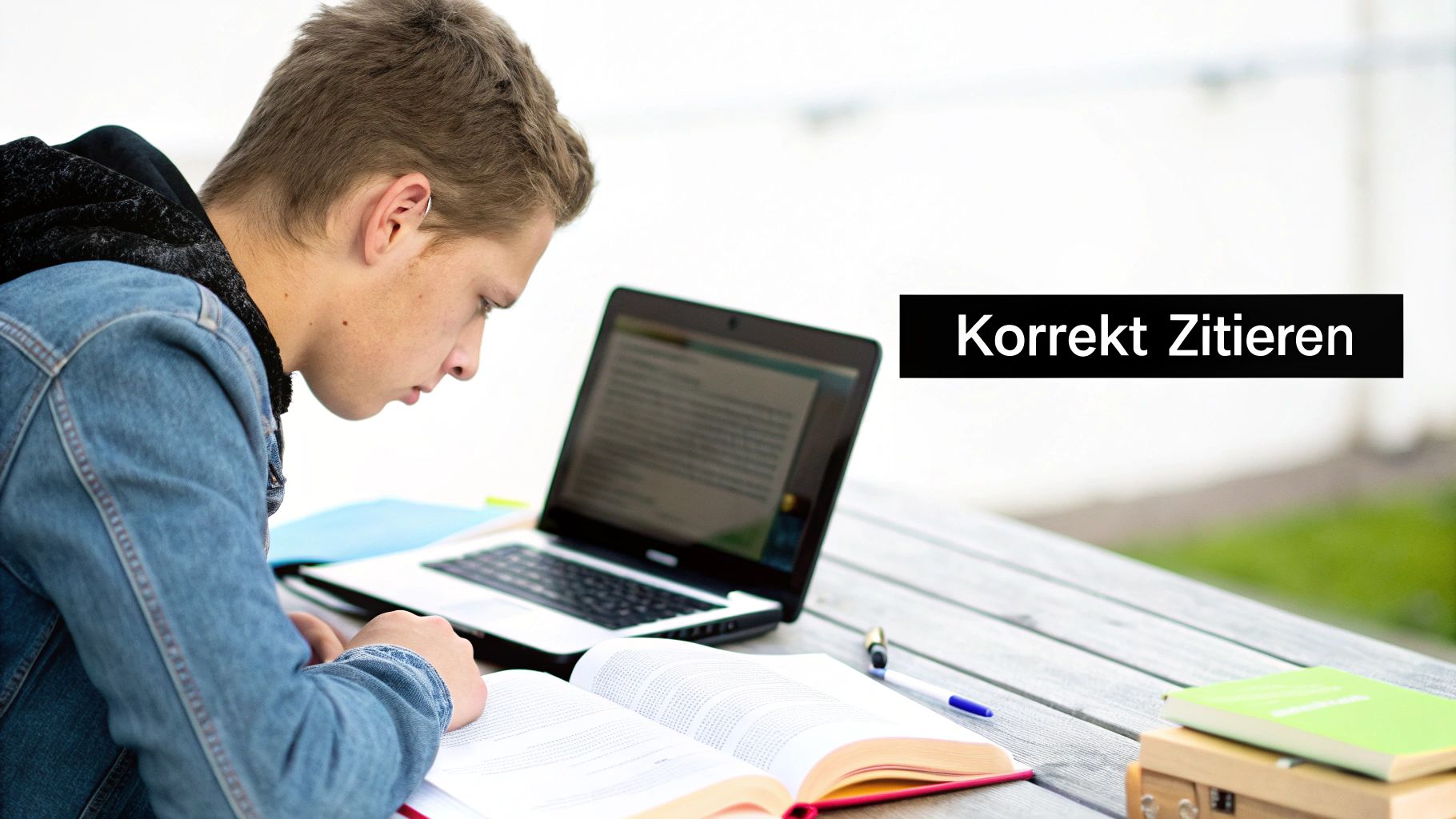 Ein junger Student sitzt im Freien, liest in einem Buch mit Laptop und der Aufschrift 'Korrekt Zitieren'.