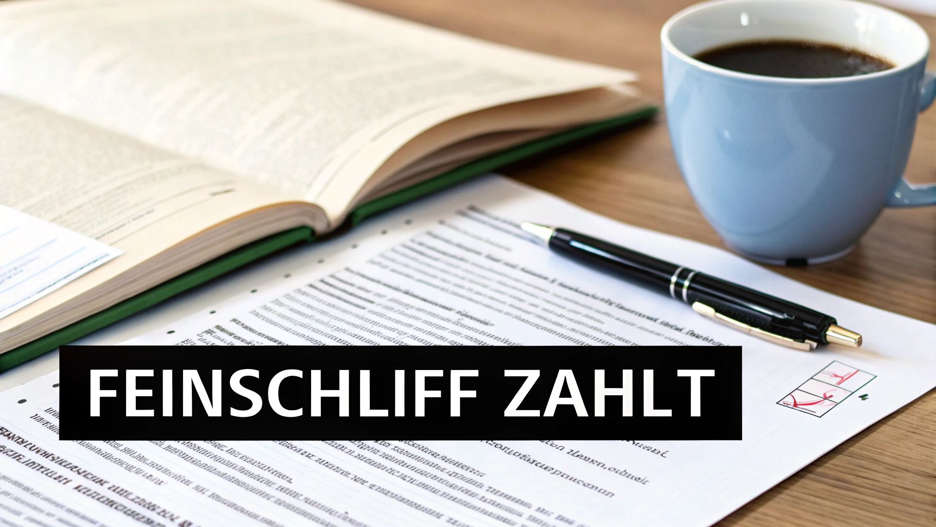 Ein Schreibtisch mit offenem Buch, einer Kaffeetasse, einem Stift und einem Dokument mit der Aufschrift 'FEINSCHLIFF ZAHLT'.