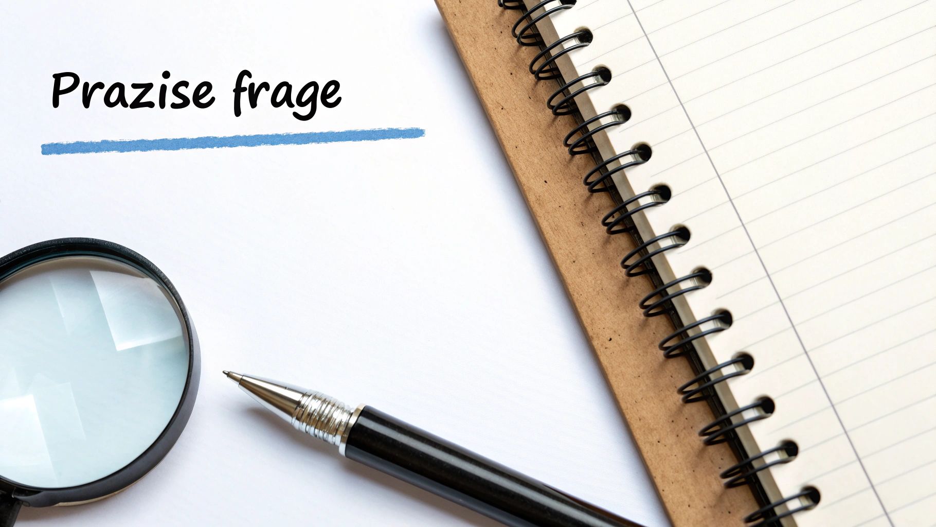 Eine Lupe, Stift und Notizbuch liegen neben dem Text 