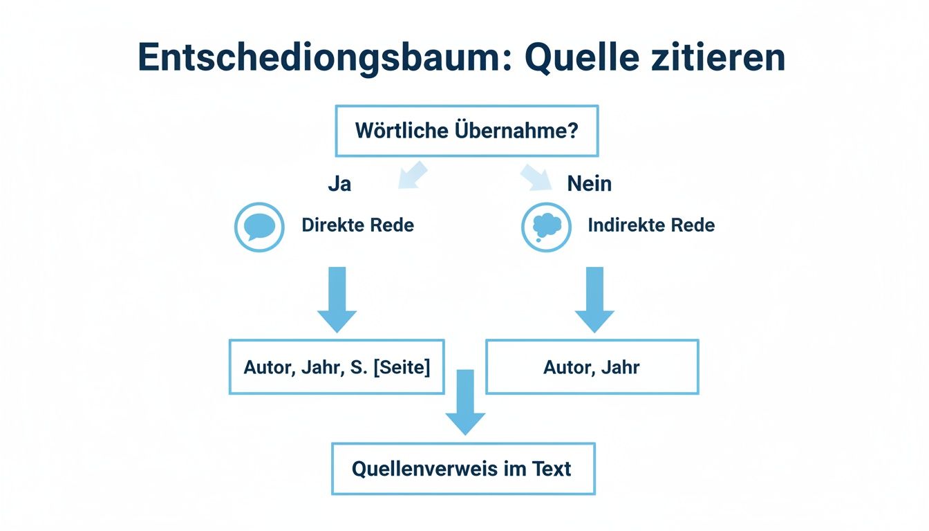 Entscheidungsbaum zur korrekten Zitation einer Quelle, unterscheidend zwischen direkter und indirekter Rede.