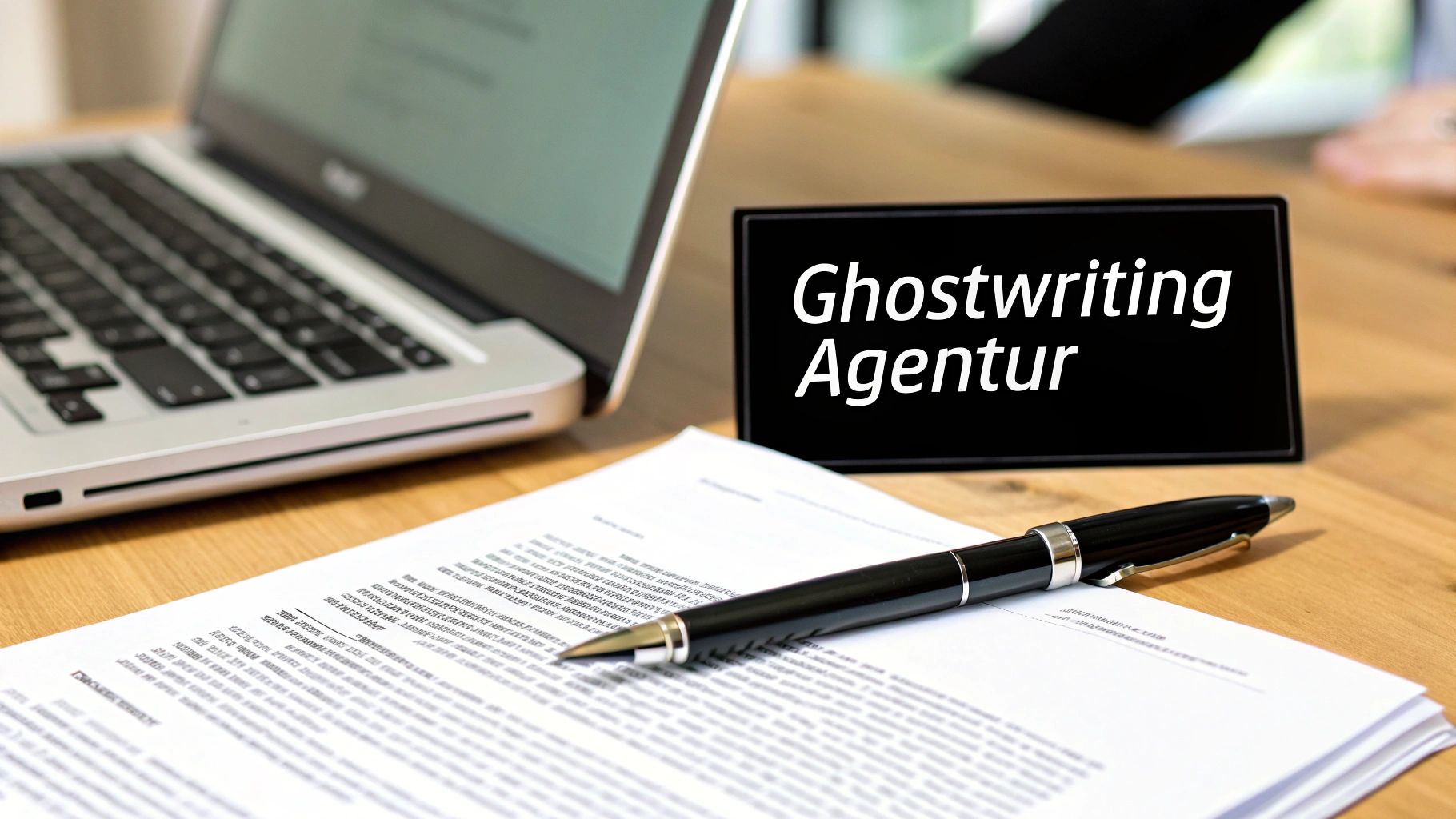 Laptop, Dokumente, Stift und ein Schild mit der Aufschrift 'Ghostwriting Agentur' auf einem Holzschreibtisch. Arbeitsplatz für akademisches Schreiben.
