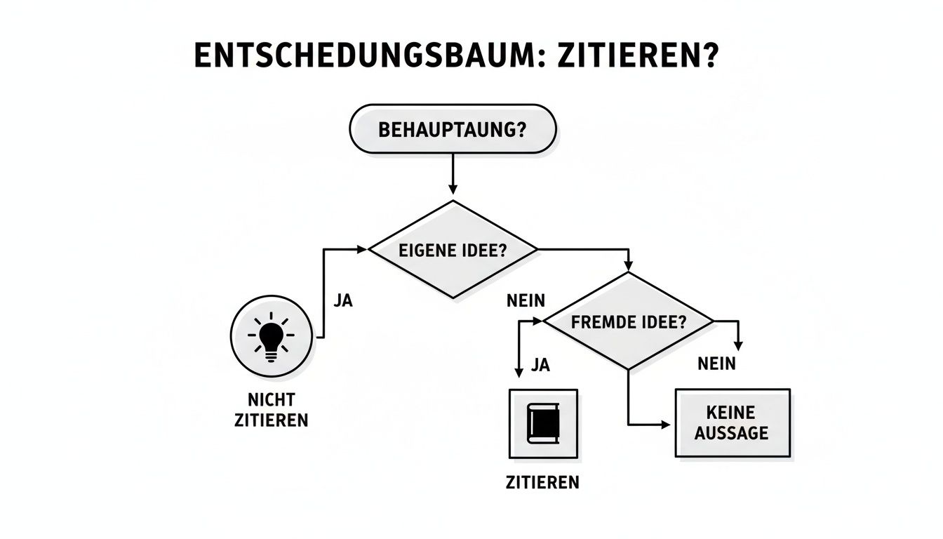 Entscheidungsbaum zum Zitieren von Behauptungen: Eigene Ideen nicht zitieren, fremde Ideen zitieren.