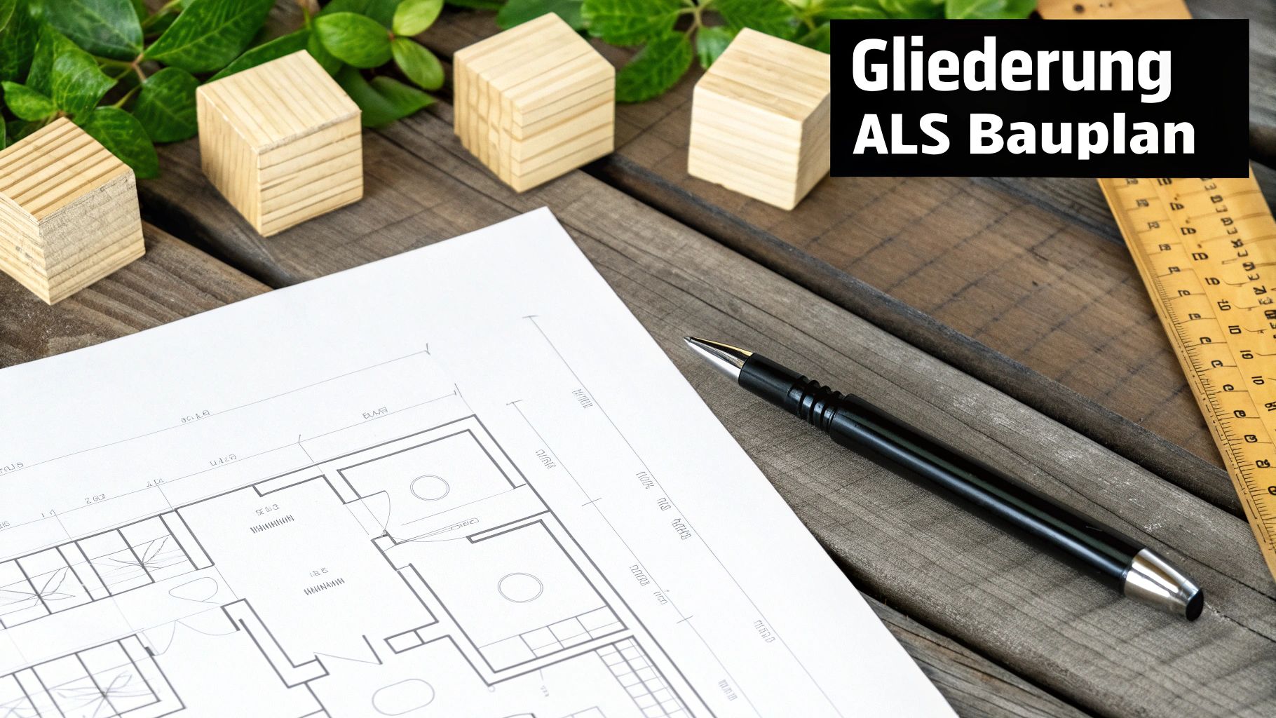 Ein Bauplan auf einem Holztisch mit Stift, Holzklötzen und dem Titel 'Gliederung ALS Bauplan'.
