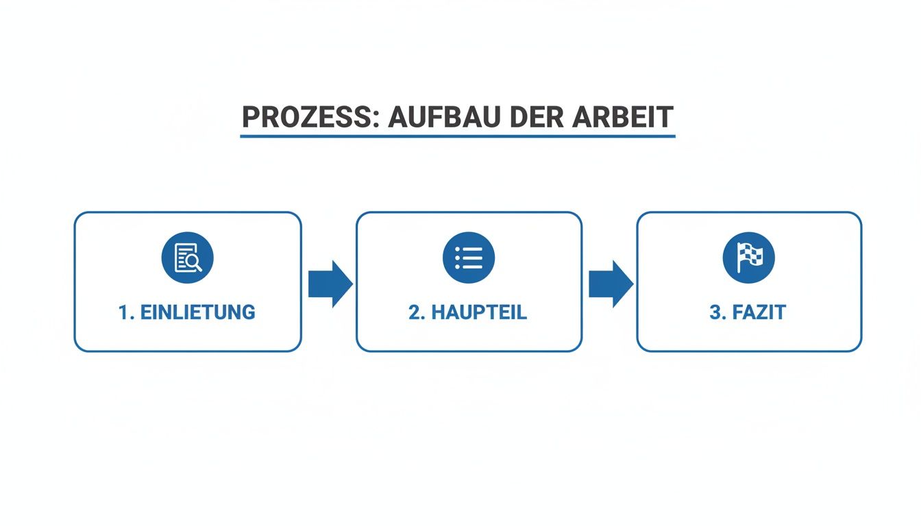 Ein Diagramm, das den Aufbau einer Arbeit darstellt, mit den Schritten Einleitung, Hauptteil und Fazit.