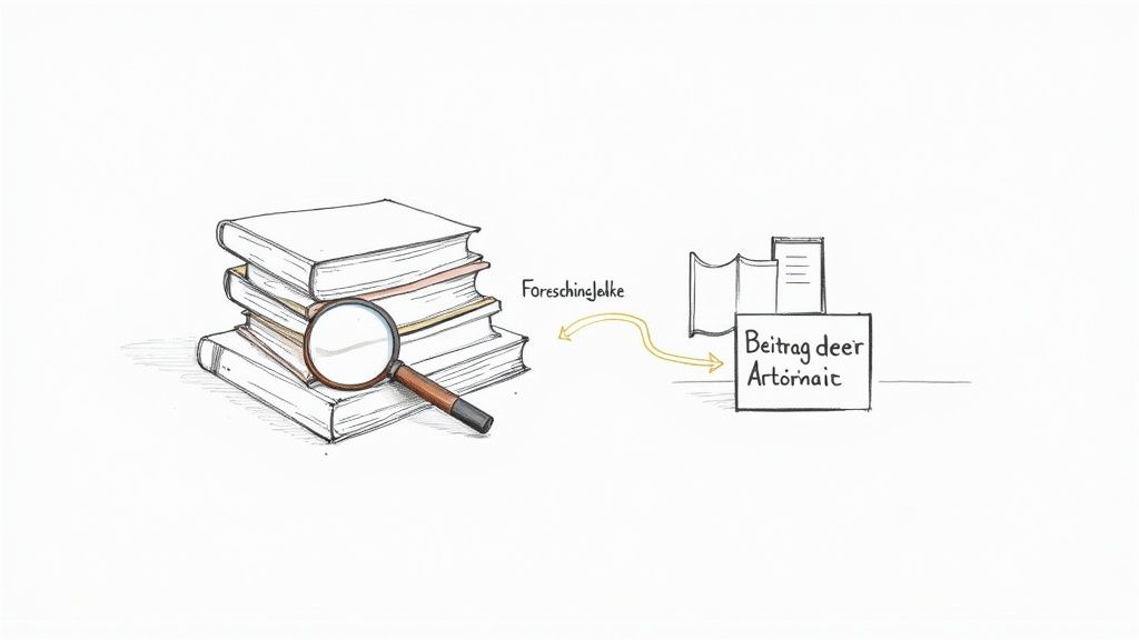 Illustration des Forschungsprozesses: Von Büchern und Recherche über eine Forschungskette zum Beitrag einer Arbeit.