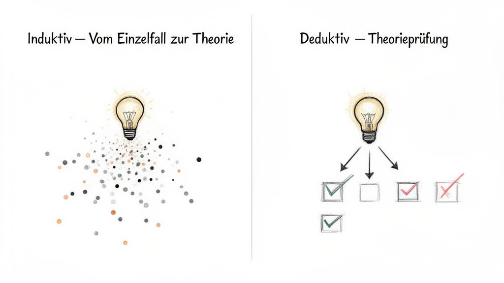 Diagramm zeigt induktives Denken (Einzelbeispiele zu Theorie) und deduktives Denken (Theorieprüfung mit Checkboxen).