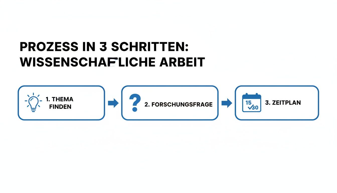 Diagramm zeigt den Prozess der wissenschaftlichen Arbeit in 3 Schritten: Thema finden, Forschungsfrage, Zeitplan.