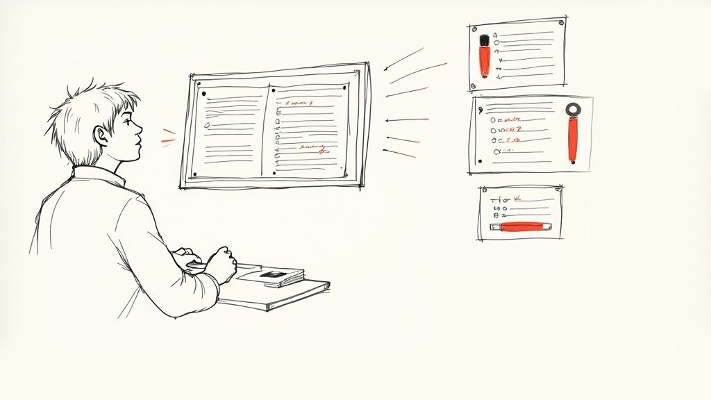 Ein junger Mann organisiert seine Gedanken auf einem digitalen Whiteboard mit Listen und Notizen.