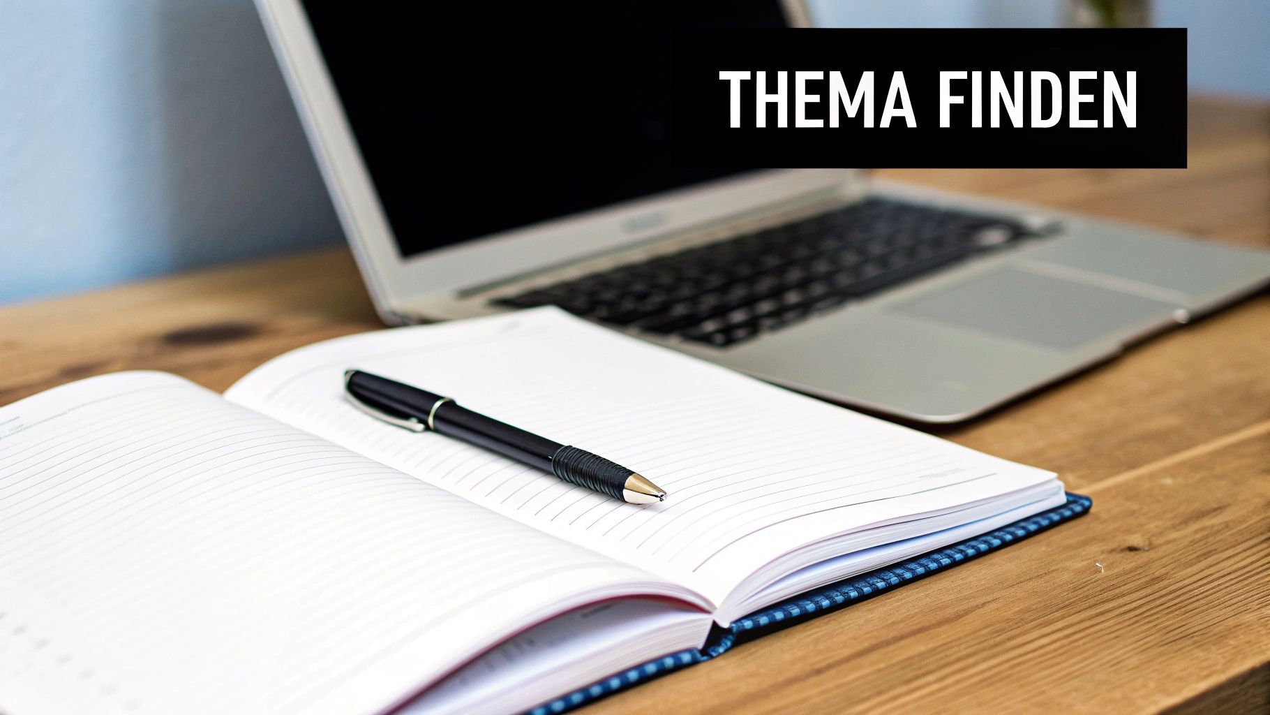 Ein offenes Notizbuch mit Stift und Laptop auf einem Holztisch, ideal zum Finden von Themen.