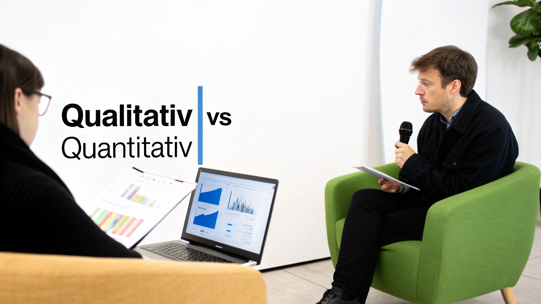 Zwei Personen diskutieren über qualitative und quantitative Datenanalyse, sichtbar an Laptop-Diagrammen und einem Mikrofon.