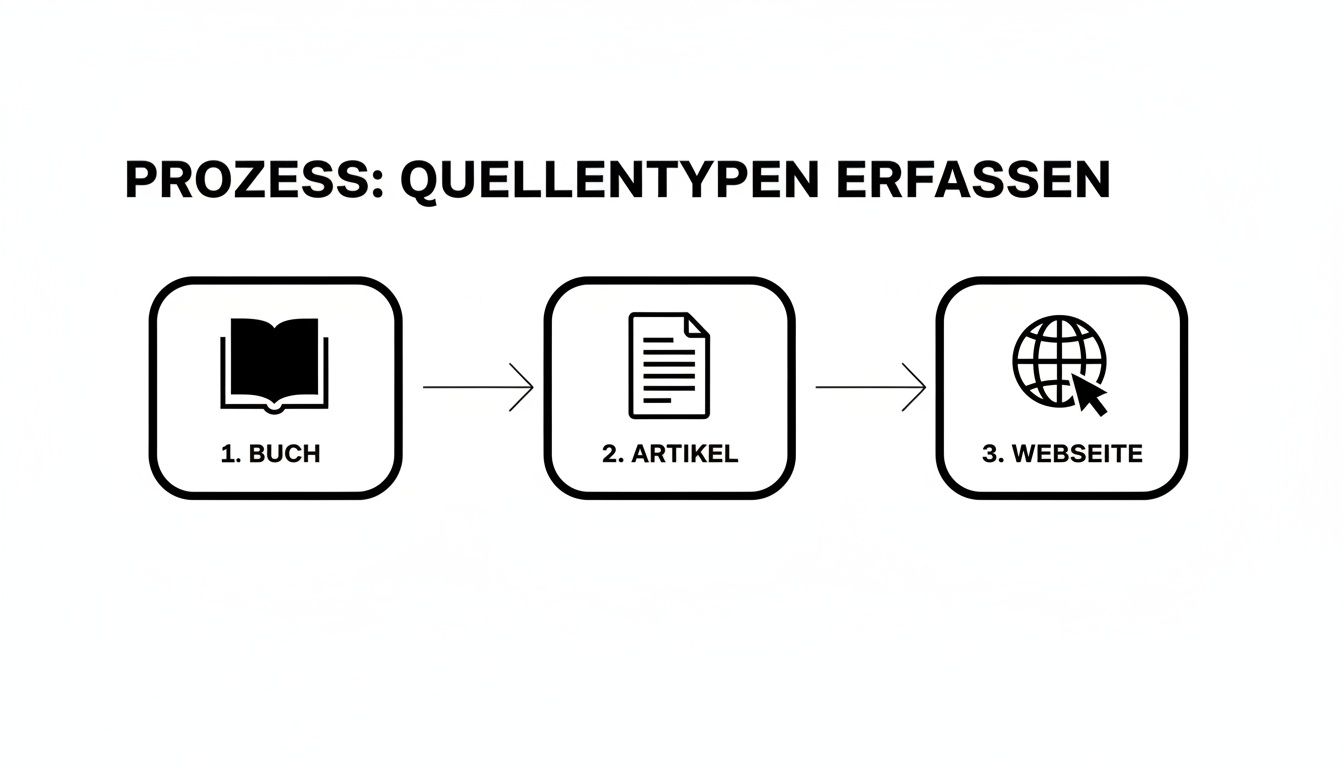 Prozessdarstellung zur Erfassung von Quellentypen: Buch, Artikel und Webseite mit Icons.