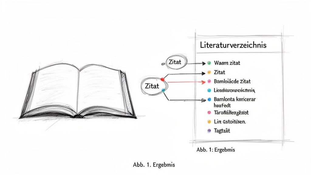 Skizze eines offenen Buches mit Literaturverzeichnis und Zitationshinweisen für eine Abschlussarbeit.
