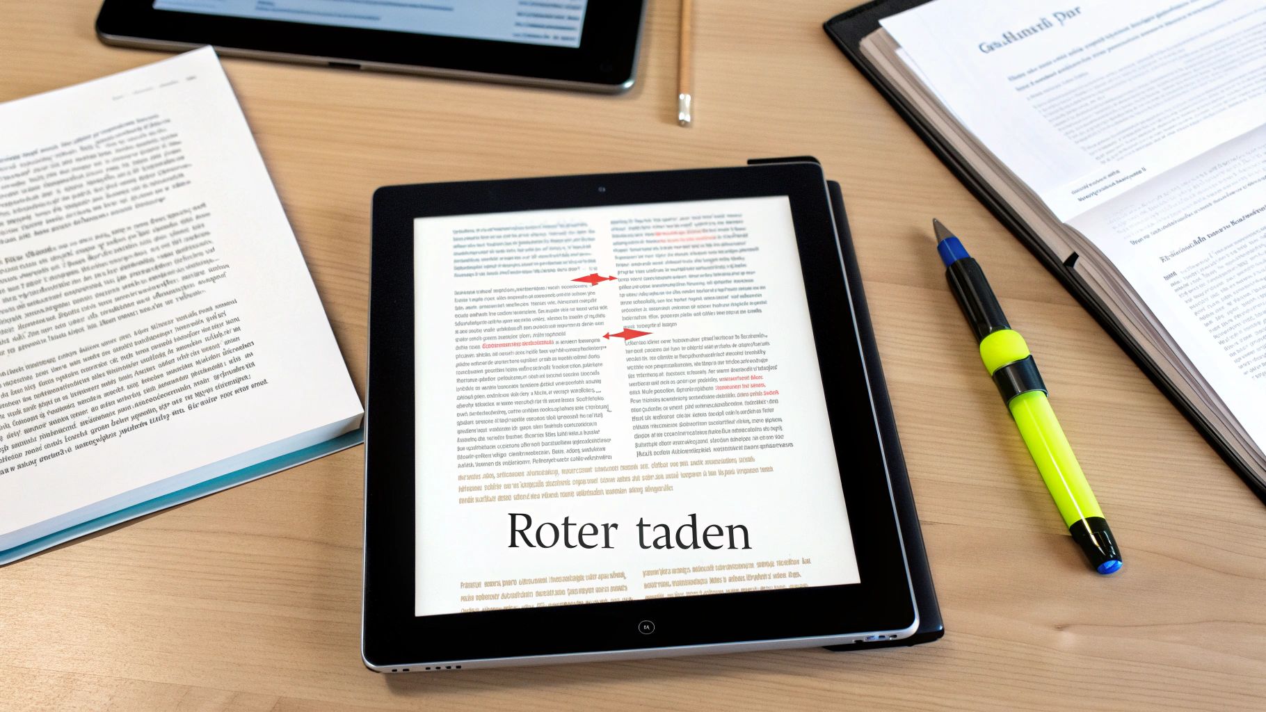 Schreibtisch mit Tablet, das 'Roter taden' anzeigt, daneben Bücher, Stift und Bleistift für das Studium.