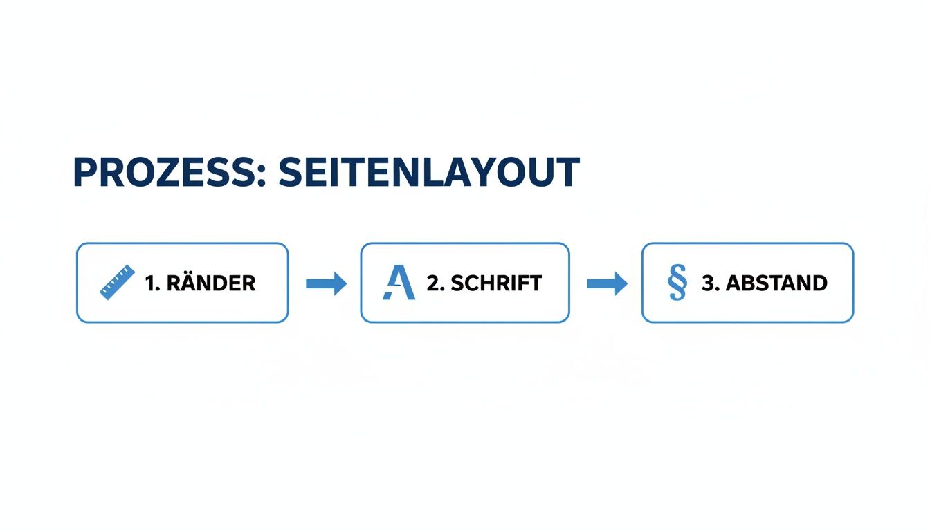 Prozessdiagramm zeigt die Schritte für Seitenlayout: Ränder, Schrift und Abstand in einer Hausarbeit.