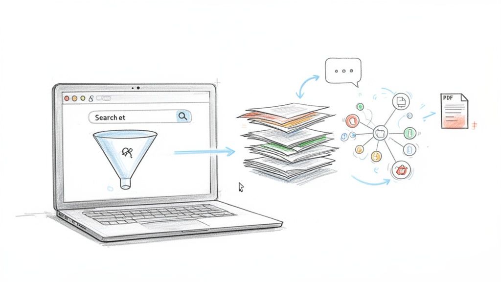 Digitaler Workflow: Laptop filtert Daten zu einem Wissensnetzwerk für eine wissenschaftliche Arbeit, endend als PDF.