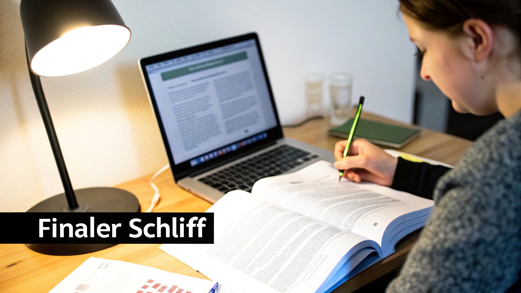 Fokussierte Studentin arbeitet am Schreibtisch an einer Hausarbeit, um den letzten Schliff zu geben.