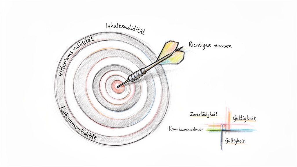 Dartscheibe mit Dart und Diagramm illustrieren Gütekriterien wie Validität und Reliabilität in der Forschung.