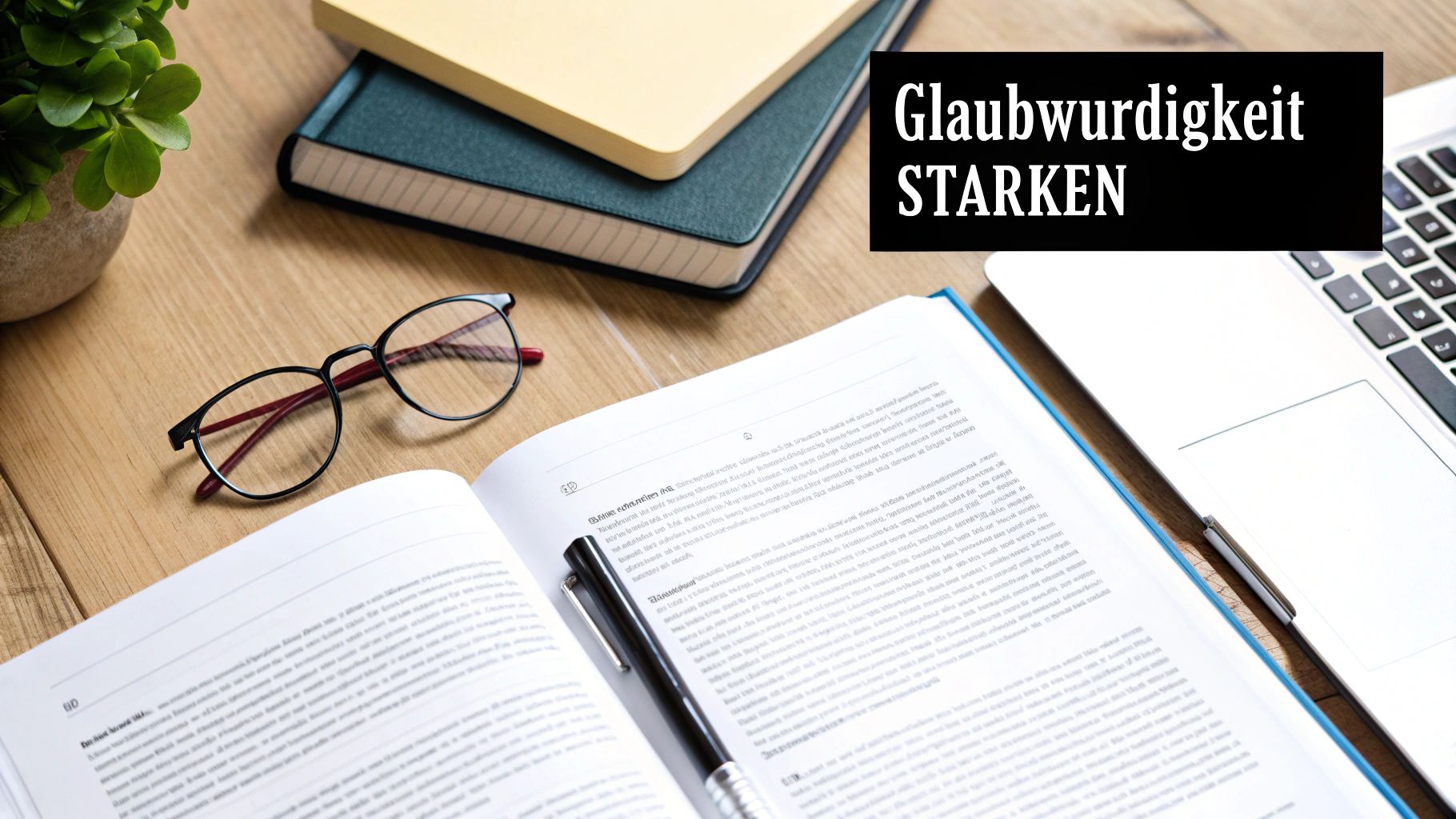 Ein Schreibtisch mit offenem Buch, Brille, Laptop, Notizbüchern und Pflanze zum Lernen oder Arbeiten.