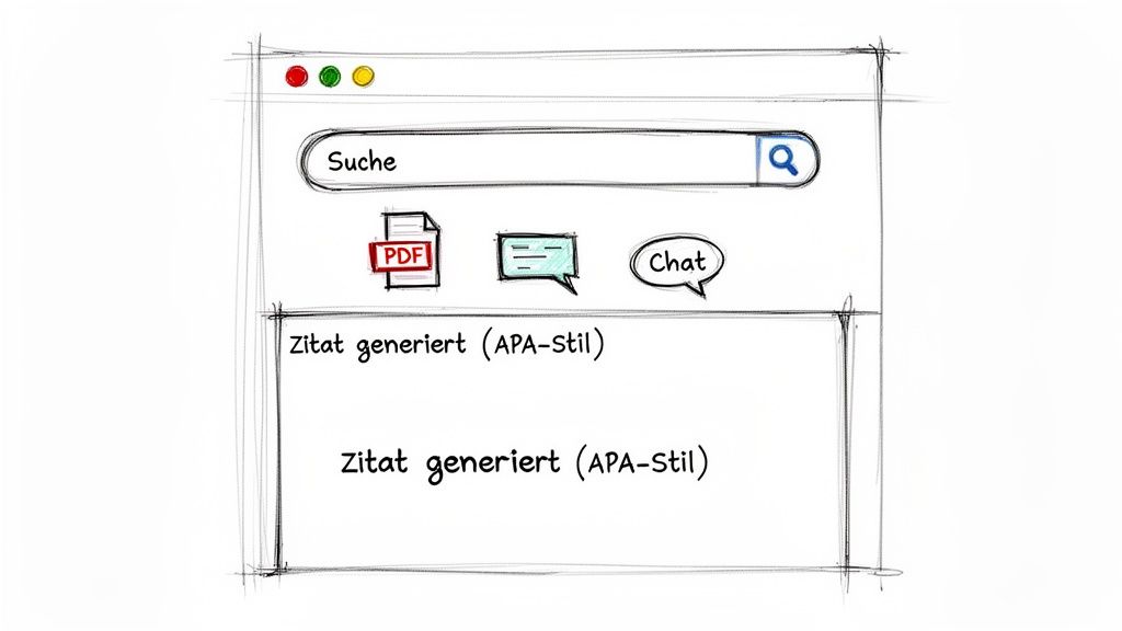 Skizze einer Browser-Oberfläche mit Suchleiste, Icons (PDF, Chat) und dem Text 'Zitat generiert (APA-Stil)'.