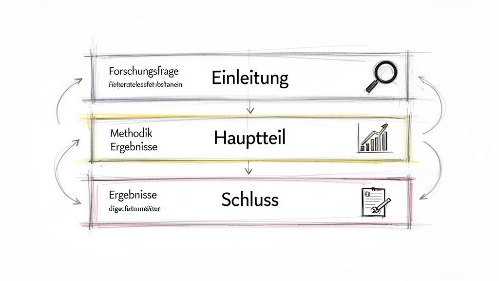 Struktur einer wissenschaftlichen Arbeit mit Einleitung, Hauptteil und Schluss sowie zugehörigen Elementen und Symbolen.