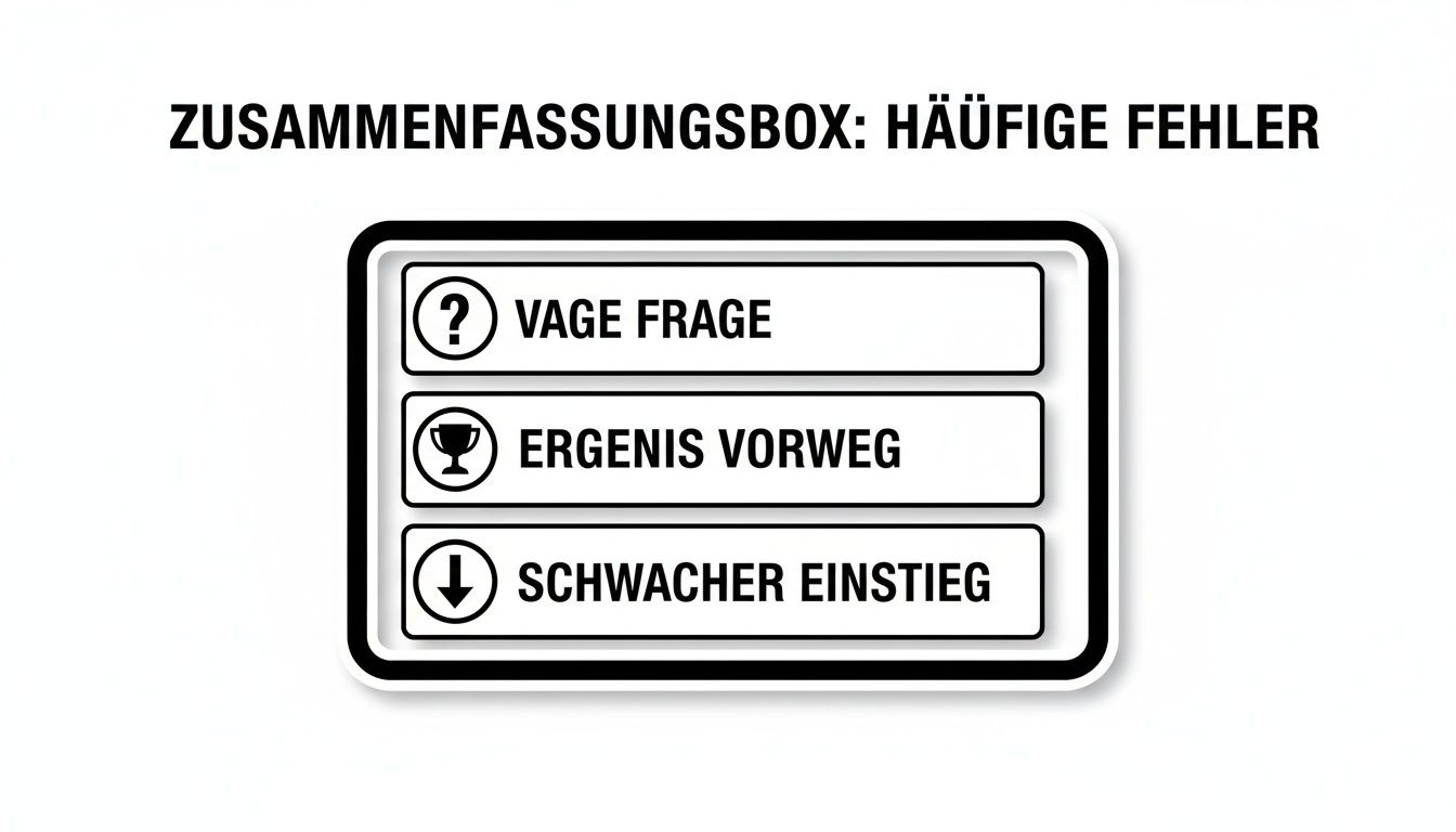 Zusammenfassungsbox mit häufigen Fehlern: vage Frage, Ergebnis vorweg und schwacher Einstieg, jeweils mit Symbolen.
