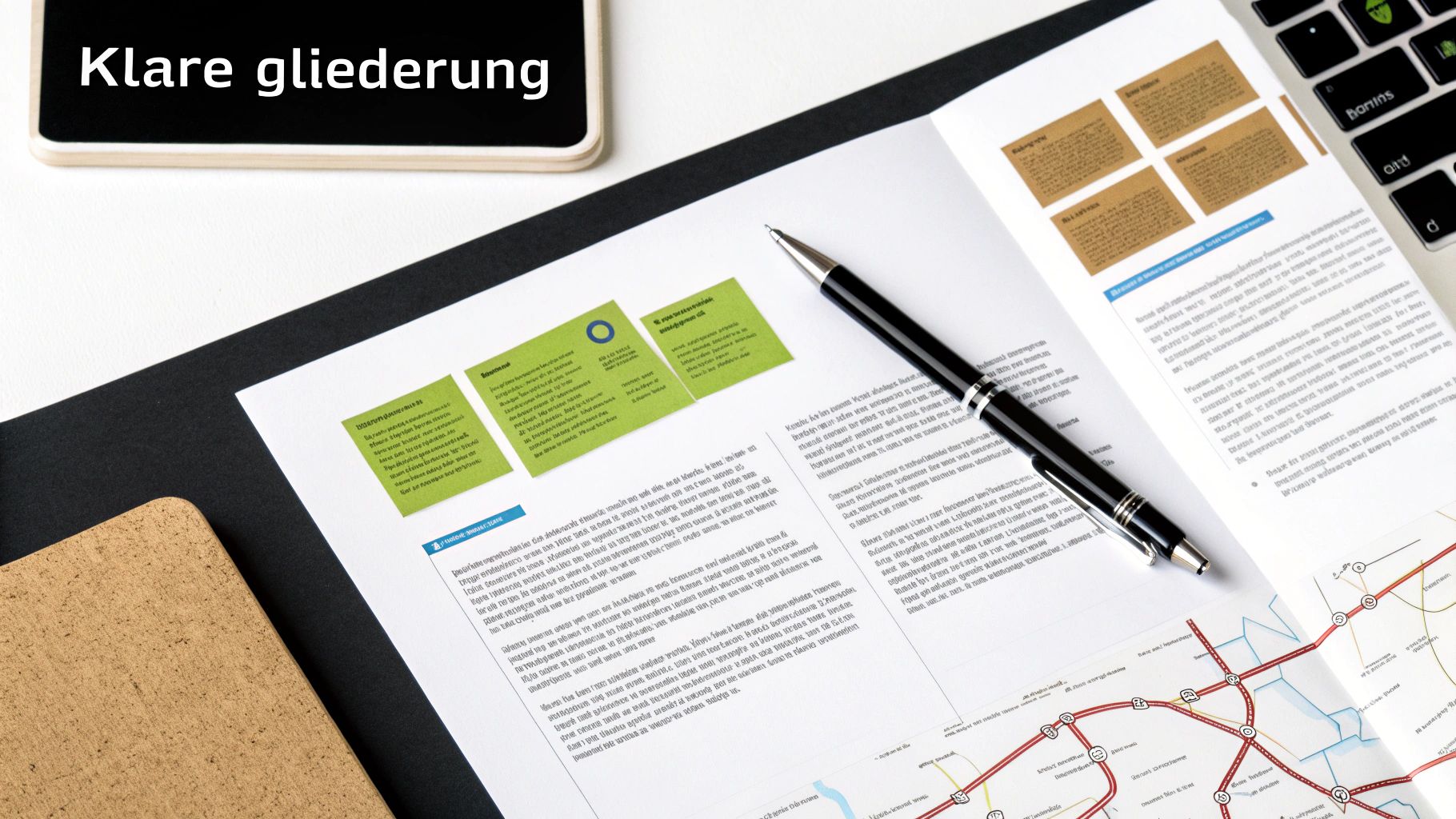 Offenes Dokument mit klaren Gliederungspunkten, einem Stift und einer Karte auf einem Schreibtisch.