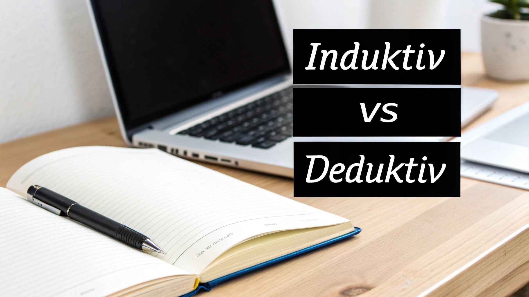 Ein Schreibtisch mit einem Laptop, einem offenen Notizbuch und einem Stift, überlagert mit dem Text 'Induktiv VS Deduktiv'.