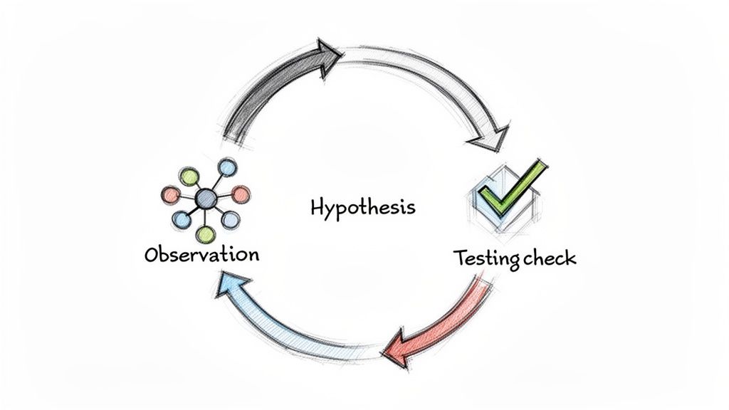 Illustriertes Diagramm des wissenschaftlichen Prozesses: Beobachtung, Hypothese und Test.