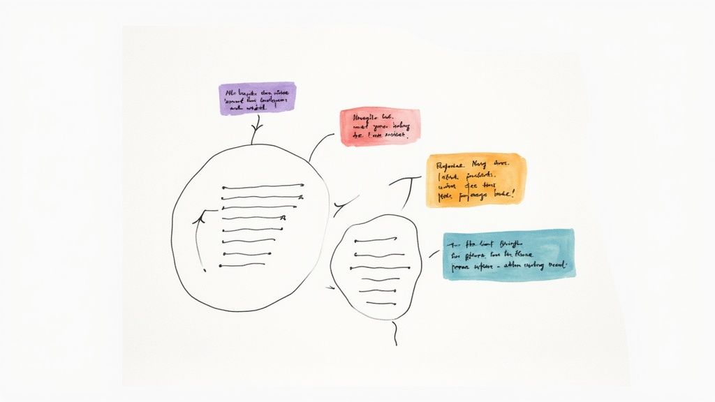 Skizze eines Mindmaps mit Kreisen, Pfeilen und farbigen Notizen zur Strukturierung von Ideen
