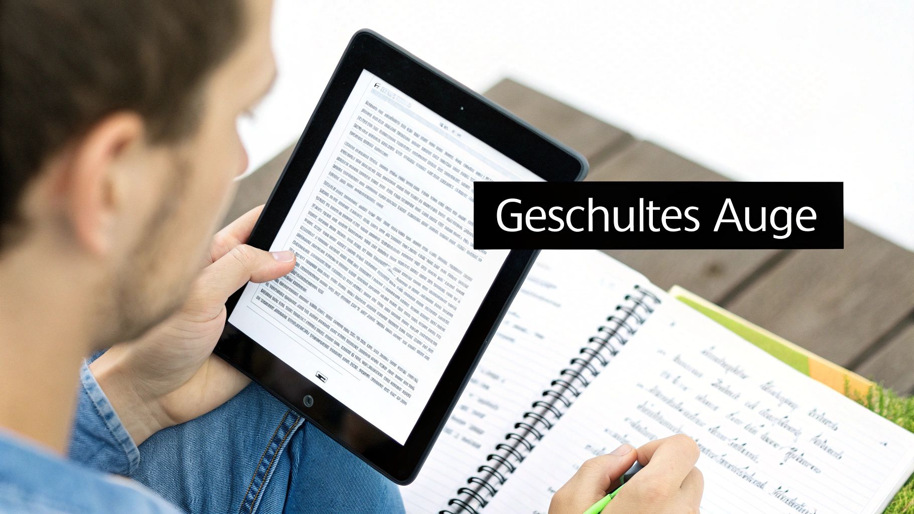 Eine Person liest auf einem Tablet und schreibt in ein Notizbuch, um Texte zu analysieren.