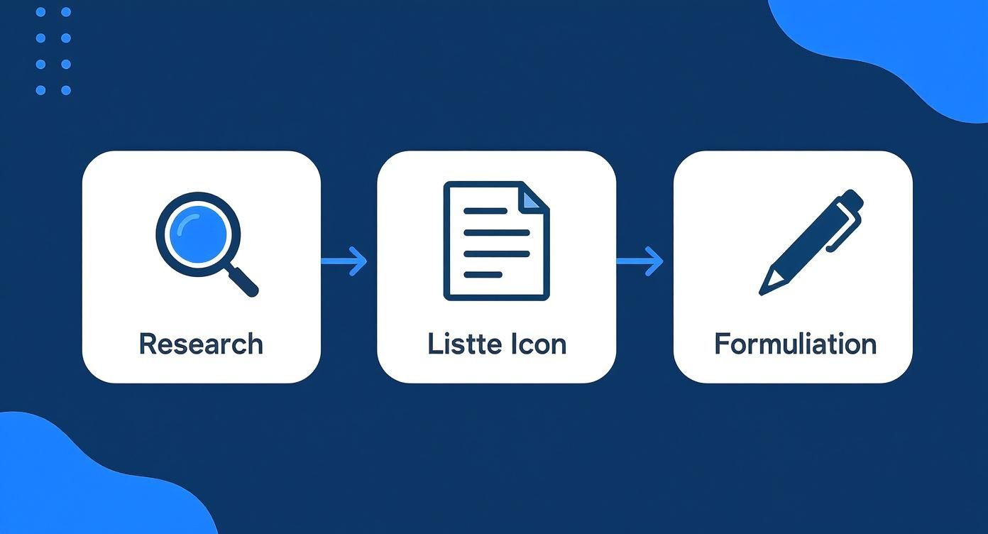 Flussdiagramm mit den Schritten Forschung (Lupe), Dokument (Liste) und Formulierung (Stift).