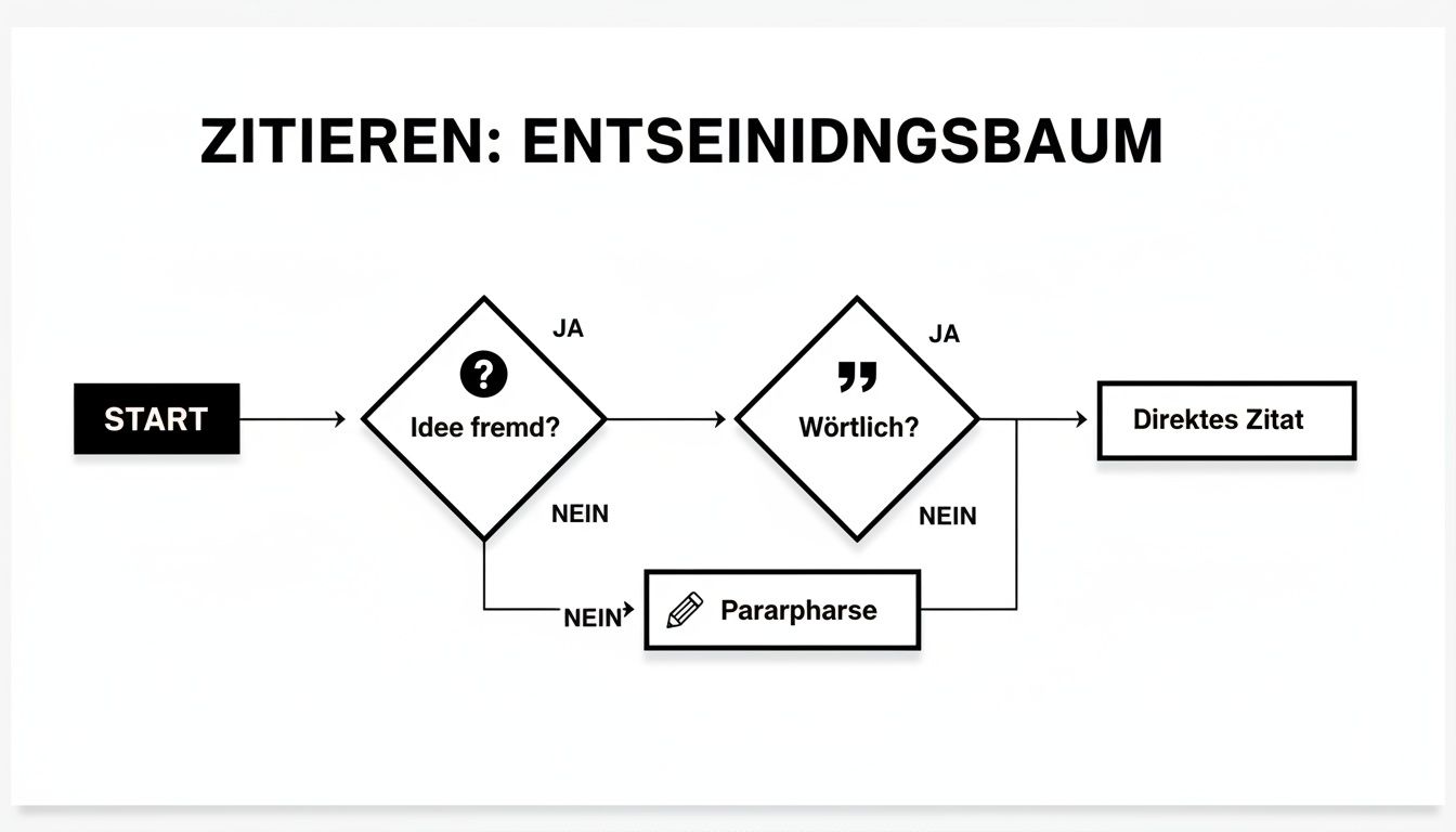 Flussdiagramm zum richtigen Zitieren: Unterscheidet zwischen direktem Zitat und Paraphrase.