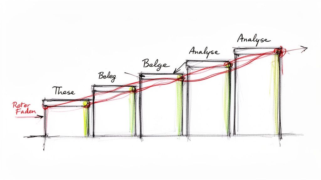 Skizze einer aufsteigenden Struktur mit den Phasen These, Beleg und Analyse, verbunden durch einen roten Faden.