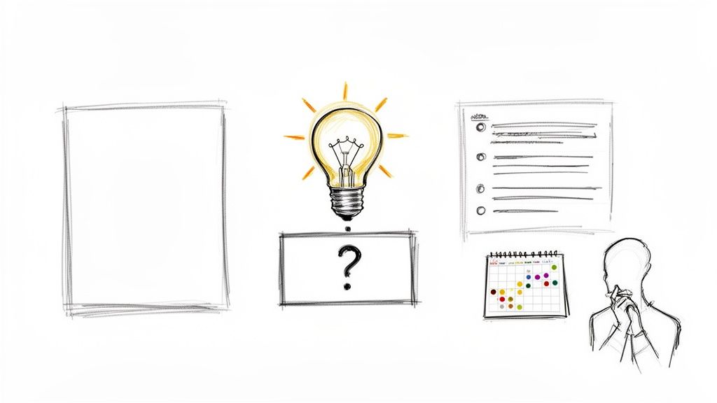 Skizze einer Glühbirne, Fragezeichen, Notizen, Kalender und Person beim Nachdenken über Ideen oder Aufgaben.