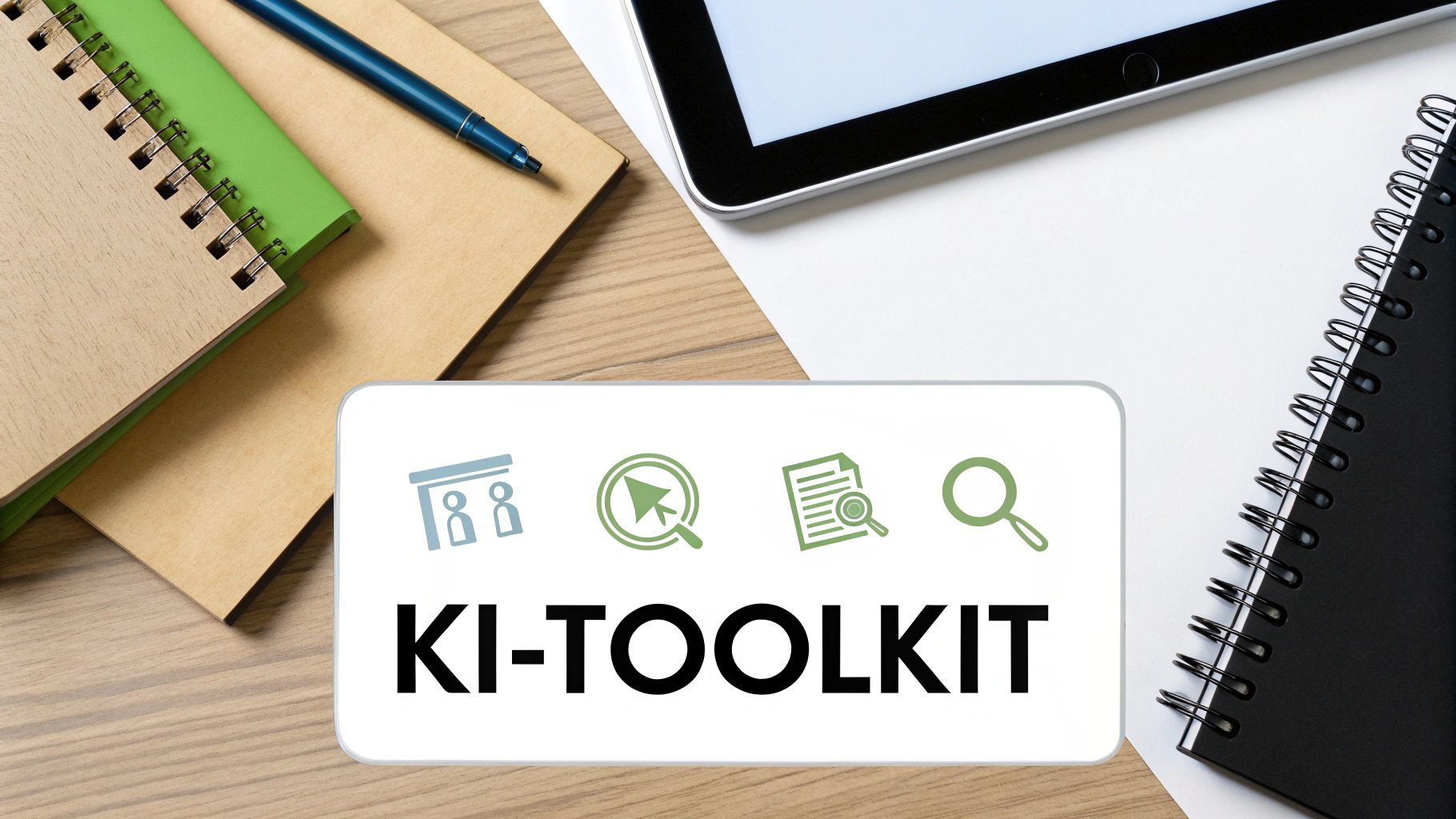 KI-Toolkit Karte mit Symbolen für Forschung und Literaturrecherche auf Schreibtisch mit Notizbüchern und Tablet