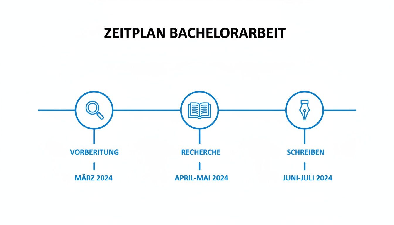 Zeitplan für die Bachelorarbeit, aufgeteilt in Vorbereitung (März 2024), Recherche (April-Mai 2024) und Schreiben (Juni-Juli 2024).