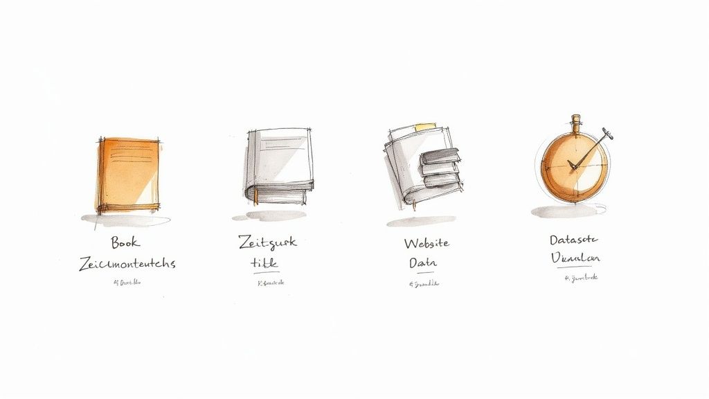 Vier handgezeichnete Symbole: ein Buch, ein Notizbuch, gestapelte Dokumente und eine Stoppuhr mit Beschriftungen.