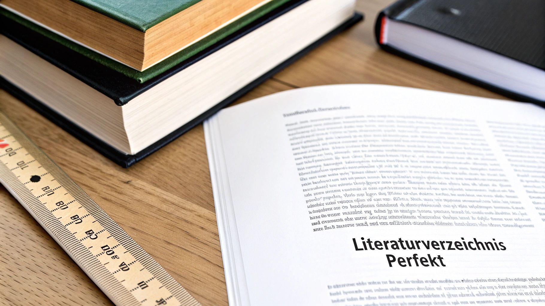 Nahaufnahme eines Literaturverzeichnisses in einem offenen Buch auf einem Holztisch mit Büchern und einem Lineal.