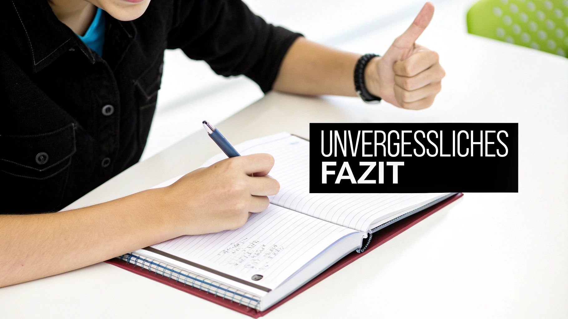 Person schreibt in ein Notizbuch, gibt einen Daumen hoch und zeigt die Aufschrift 'UNVERGESSLICHES FAZIT'.