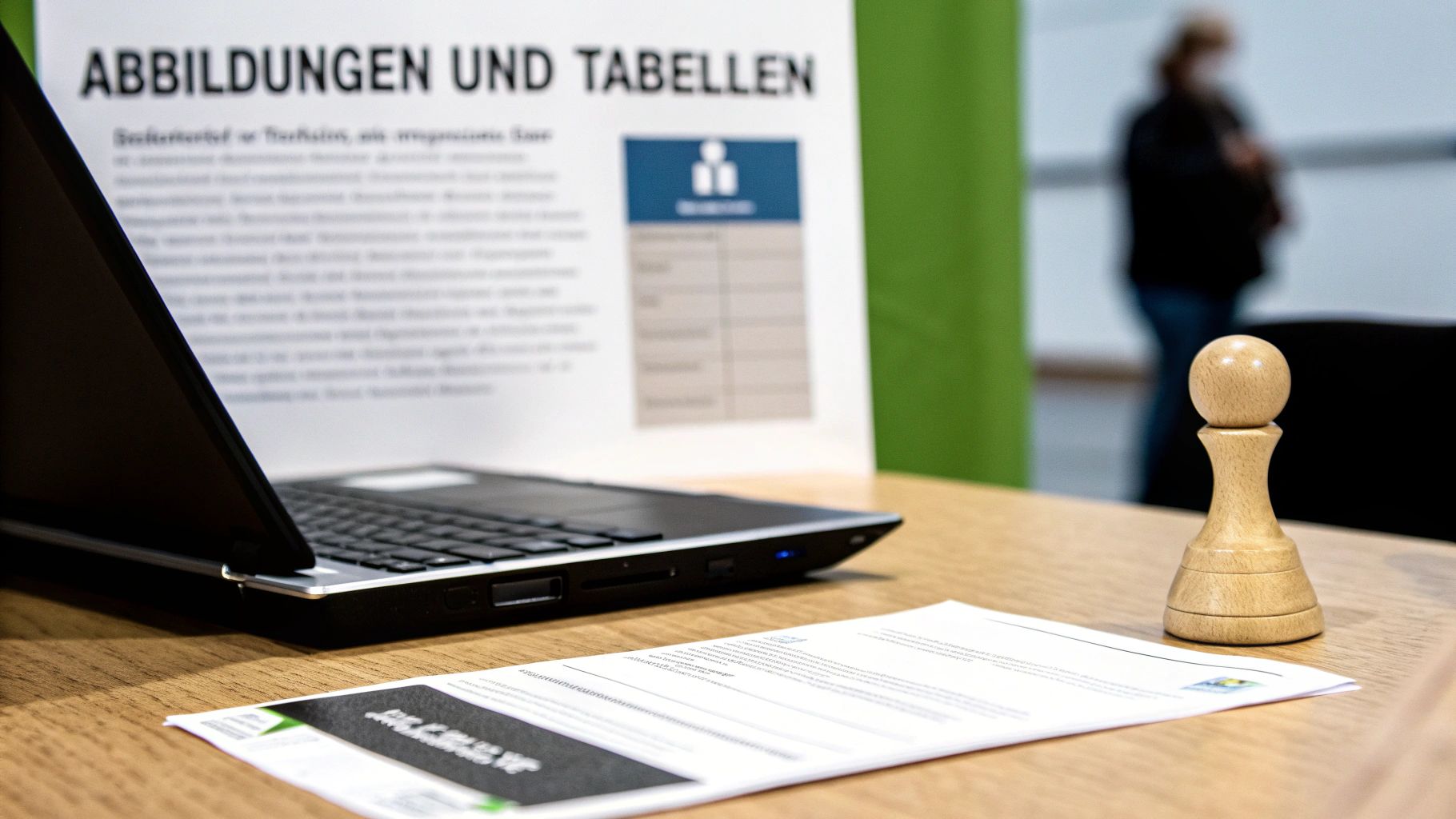 Laptop zeigt Abbildungen und Tabellen einer wissenschaftlichen Arbeit, Stempel und Dokumente auf Schreibtisch