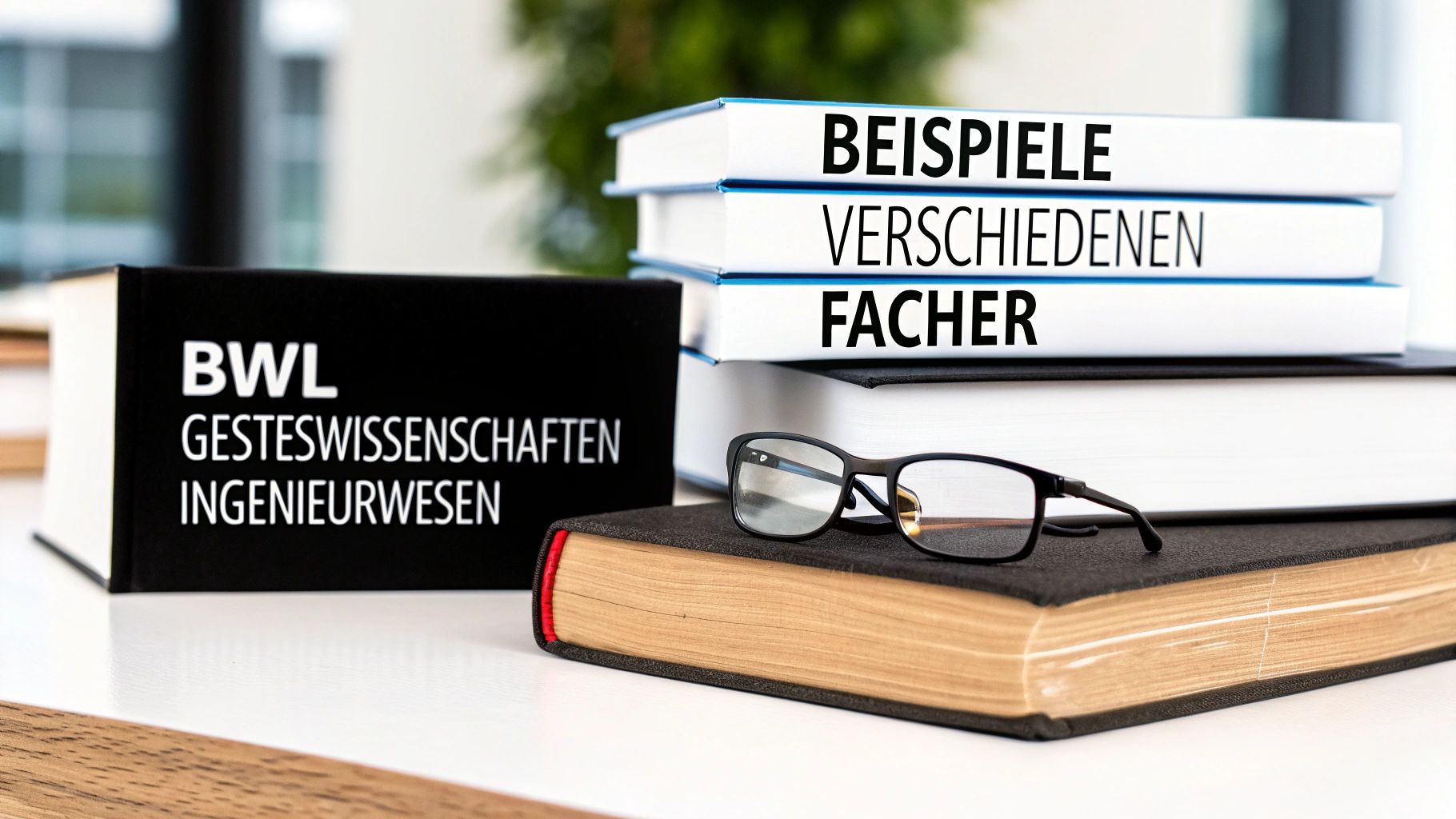 Ein Bücherstapel mit Fachrichtungen wie BWL, Geisteswissenschaften und Ingenieurwesen, dazu eine Brille.